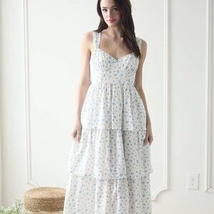 Blu Pepper White Floral Tiered Midi Dress